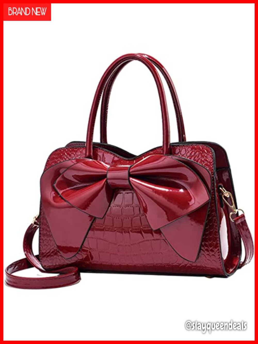 Patent Leather Bowknot Satchel Tote Handbag with Top Handle, Shoulder Strap